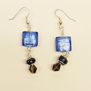 Blue And Brown Wire Wrapped Beaded Glass Earrings